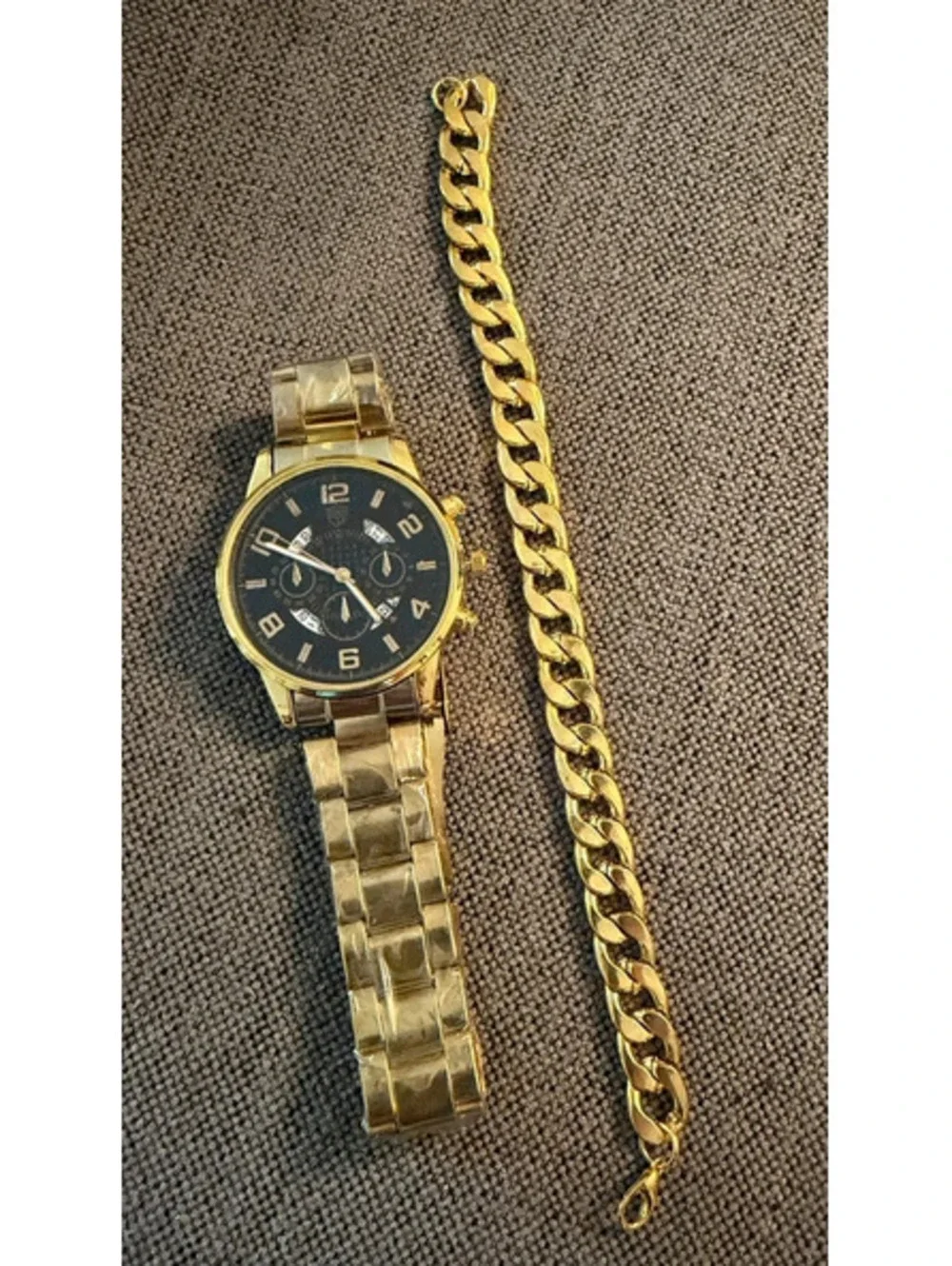 Men’s Gold Tone Alloy Quartz Watch and Matching Curb Chain Bracelet Set